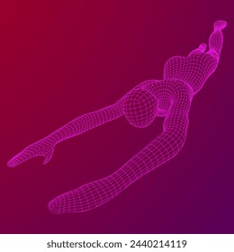 Woman human body jumping diving. Human anatomy action pose. Wireframe low poly mesh vector illustration