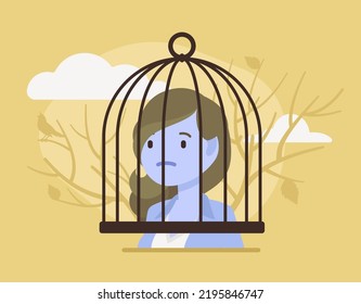 Woman, human brain cage trapped, obstruction. Depression, panic worry, obsessed, memory problems, cognitive therapy, mind under influence, self-control, prisoner capture. Vector creative illustration