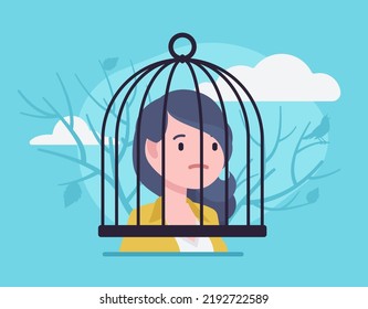 Woman, Human Brain Trapped In Cage, Obstruction. Depression, Panic And Worry, Obsessed, Memory Problems, Cognitive Therapy, Mind Under Influence, Self-control, Prisoner Capture. Vector Illustration