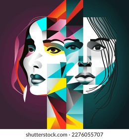 Cara humana de mujer en estilo abstracto, dibujo de retrato cúbico para gráfico, afiche, cartel