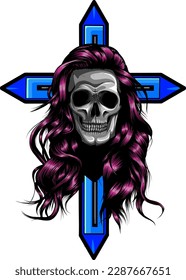 woman human skull with long hair on roman cross. vector illustration design hand draw