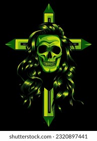 woman human skull with long hair on roman cross on black background. vector illustration design hand draw