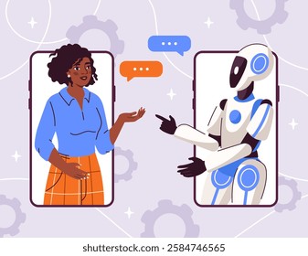 A woman and a humanoid robot communicate through smartphones with speech bubbles, symbolizing AI interaction on a light background with gear icons