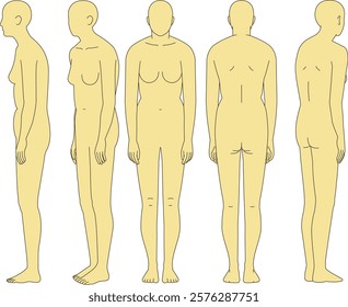 A woman with a hunched back. Illustrations of the front, back, diagonally forward, diagonally backward, and the whole body