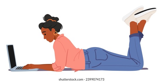 La Mujer Se Hunde Sobre Su Portátil, Detrás Del Vientre, Adoptando Una Postura Corporal Inapropiada. Su Espalda Se Pega Mientras Trabaja, Una Escena De Malestar Y Desalineación Ergonómica. Ilustración de vectores de personas de caricatura