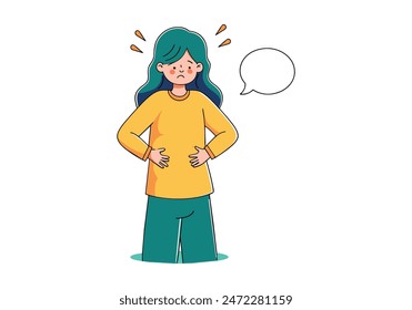  woman is hungry and touching her belly while looking aside thinking what to eat. vector cartoon style  illustrator