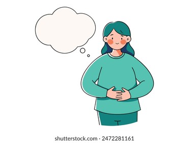  woman is hungry and touching her belly while looking aside thinking what to eat. vector cartoon style  illustrator