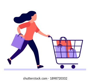 Woman hurry run to sale in shop. Girl buyer with shopping cart rush to sale and discount items. Vector illustration