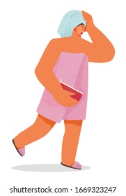 Mujer corriendo deprisa del baño. Personaje femenino envuelto en toalla tarde para trabajar. Señora sosteniendo una bolsa con cosméticos. Chica con pelo mojado corriendo de la ducha. Vector en ilustración de estilo plano