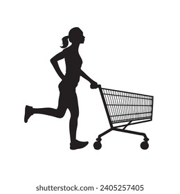 Woman hurrying to do shopping with shopping cart