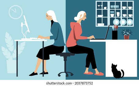 Woman in hybrid work place sharing her time between an office and working from home remotely, EPS 8 vector illustration
