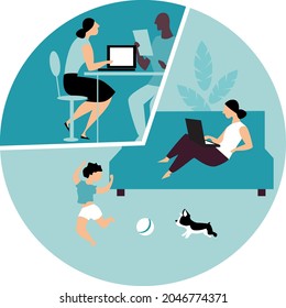 Woman in hybrid work place sharing her time between an office and working from home and taking care of kid, EPS 8 vector illustration	
