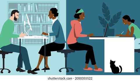 Woman in hybrid work place sharing her time between an office and working from home and helping her daughter study, EPS 8 vector illustration