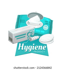 Woman hygiene icon with personal care items of wet wipes and tampons, vector. Personal hygiene and female toiletries, cosmetic cotton pads with napkin or wet towels and paper tissue pack