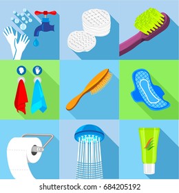 Woman hygiene icons set, flat style