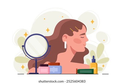 Woman with hygiene procedures. Young girl with creams and lotions near mirror. Beauty, aesthetics and elegance. Bathroom products. Flat vector illustration isolated on white background