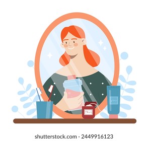 Woman with hygiene products, flat style, on a decorated background, concept of self-care routine. Flat cartoon vector illustration