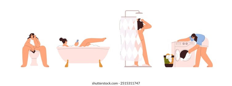 Conjunto de rotina de higiene feminina. Mulher tomando banho, banheira no banheiro, cuidado com o corpo, banheiro, lavanderia com máquina de lavar roupa. Vida cotidiana, banheiro. Ilustração de vetor plano isolada no plano de fundo branco