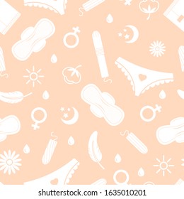 Woman hygiene seamless pattern. Menstruation elements. Pads, pants and tampons, drops and cotton signs. Vector female period background