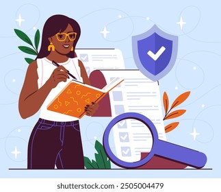 Woman with hyperfocus. Young girl with magnifying glass analyzes list of tasks and goals, objectives. Time management and efficient workflow. Flat vector illustration isolated on blue background