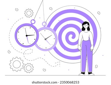 Mujer con concepto de línea de sesión hipnosis. Niña joven en el fondo de un círculo espiral violeta y relojes a la derecha. Psicología y salud mental. Ilustración lineal vectorial