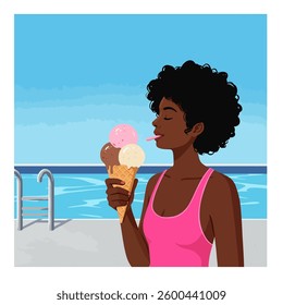 Woman with Ice Cream Cone - Summer Illustration