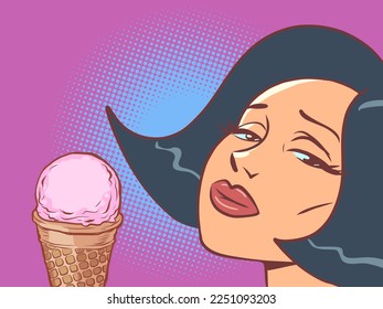 Woman with an ice cream cone. Sweet delicacy, sad mood