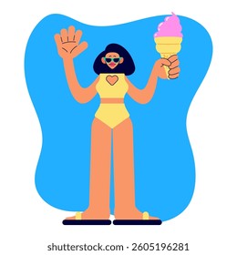 Woman with ice cream. Girl in swim suits have fun on vacation. Cartoon isolated vector illustration.