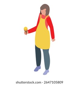 Woman ice cream seller holding ice cream cone isometric illustration