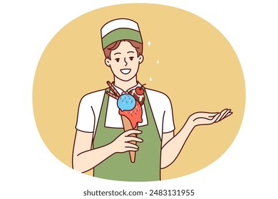 Woman ice cream seller holds cold dessert in waffle cup offering fruit delicacy to refresh after walk. Girl waiter in apron demonstrates ice cream to satisfy hunger in hot summer weather