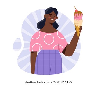 Woman with ice cream. Young girl with cone and scoops of ice cream. Frozen dessert and delicacy for summer season. Person with gelato. Flat vector illustration isolated on white background