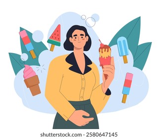 Woman with ice cream. Young girl with frozen food. Dessert and delicacy for summer season and hot weather. Waffle cone with gelato balls. Flat vector illustration