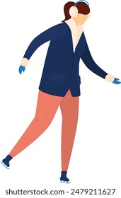 Woman ice skater wearing winter clothing, headphones. Figure skating outdoors, isolated white background. Red pants, blue coat, gloves, ice skates, practicing moves. Female figure skater performing