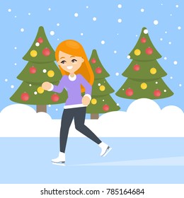Woman ice skating between the christmas trees.