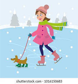 Woman ice skating with dog
