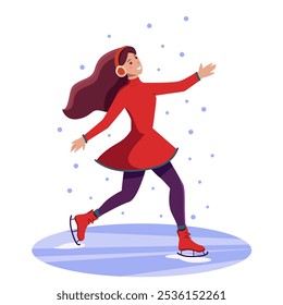 Woman Ice skating, Girl Ice Skating Vector Illustration. Young Woman Figure Skating on Ice rink . Female Characters Skating on ice Rink at Wintertime Christmas Holidays Vacation