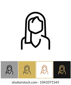 Woman icon, black office admin sign or consultant, supervisor employer or worker avatar on gold, black and white backgrounds vector illustration