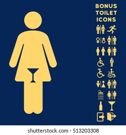 Woman icon and bonus gentleman and lady toilet symbols. Vector illustration style is flat iconic symbols, yellow color, blue background.