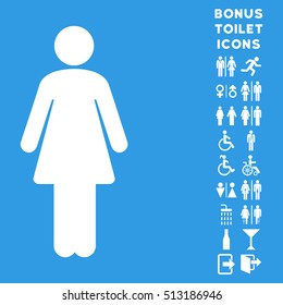 Woman icon and bonus gentleman and woman restroom symbols. Vector illustration style is flat iconic symbols, white color, blue background.