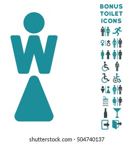 Woman icon and bonus gentleman and woman toilet symbols. Vector illustration style is flat iconic bicolor symbols, soft blue colors, white background.