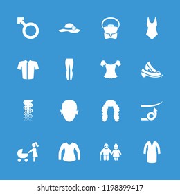 Woman icon. collection of 16 woman filled icons such as curly hair, jacket, dress, bag, swim suit, face, straight hair, hairstyle. editable woman icons for web and mobile.