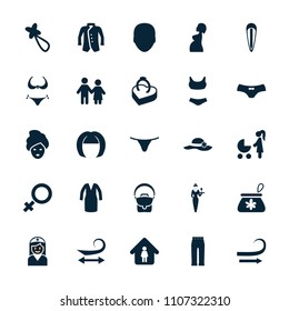 Woman icon. collection of 25 woman filled icons such as face, curly hair, bikini, hair barrette, female underwear, dress, jacket. editable woman icons for web and mobile.