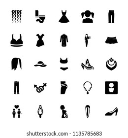 Woman icon. collection of 25 woman filled icons such as man wc, girl, casino girl, skirt, dress, swim suit, hairstyle, necklace. editable woman icons for web and mobile.