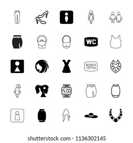 Woman icon. collection of 25 woman filled and outline icons such as female wc, dress, necklace, shoe, skirt, wrist dial watch, wc. editable woman icons for web and mobile.