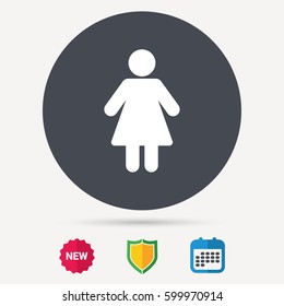 Woman icon. Female human symbol. User sign. Calendar, shield protection and new tag signs. Colored flat web icons. Vector