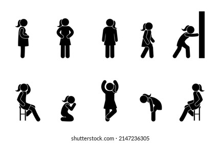 woman icon, female silhouettes set, isolated stick figure human pictograms, girls in various poses