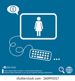 Woman icon and flat design elements. Line icons for application development, web page coding and programming, creative process, social media, print.