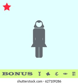 Woman icon flat. Grey pictogram on blue background. Vector illustration symbol and bonus buttons medal, cow, earth, eye, calculator