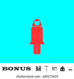 Woman icon flat. Red pictogram on blue background. Vector illustration symbol and bonus buttons Music center, corkscrew, credit card, house, drum