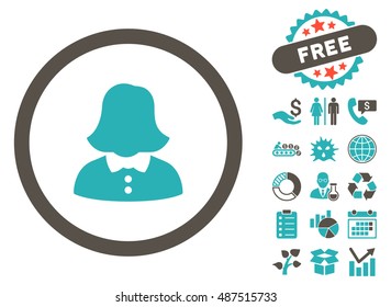 Woman icon with free bonus elements. Vector illustration style is flat iconic bicolor symbols, grey and cyan colors, white background.